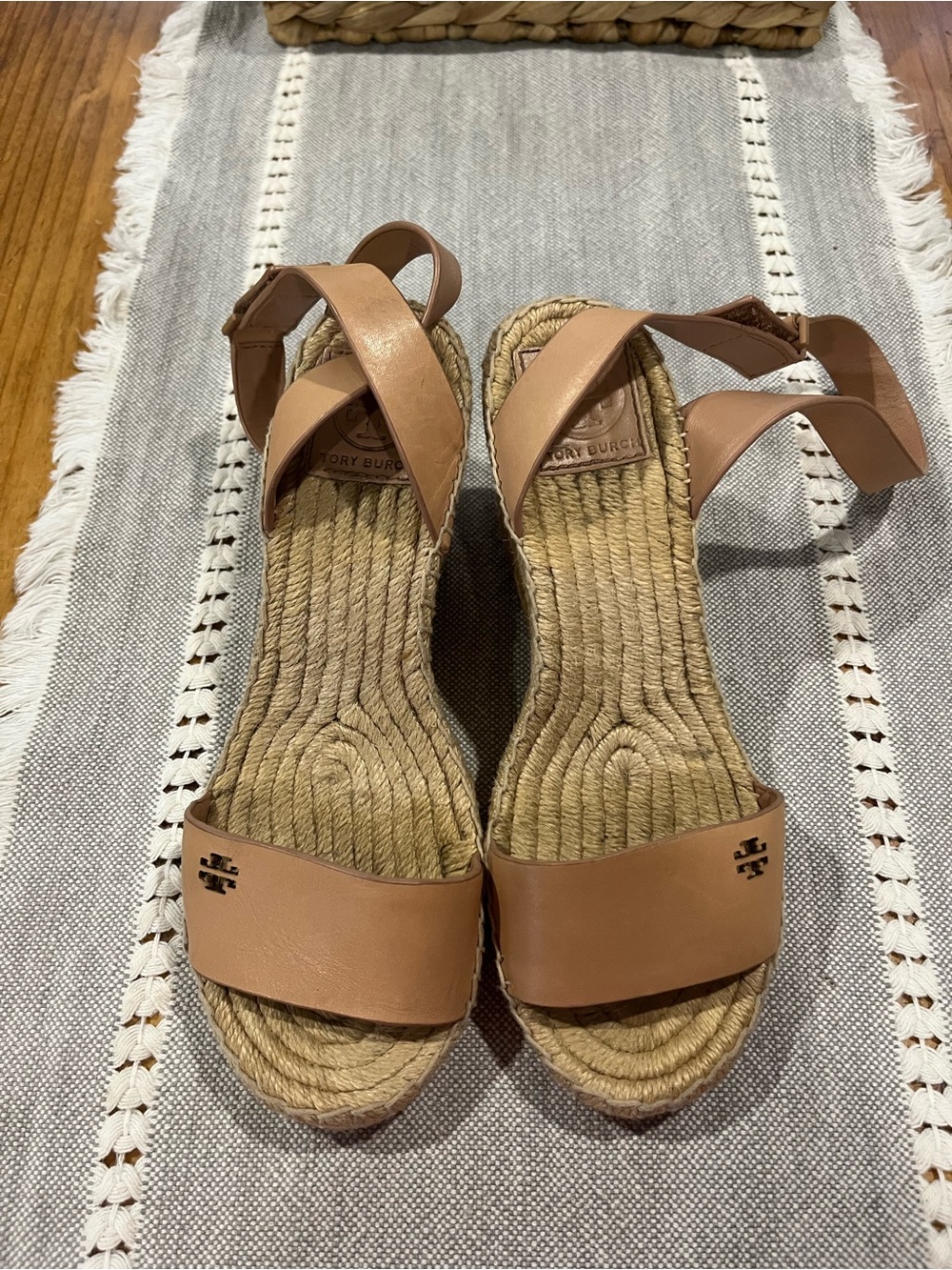 Tory Burch Bima  Tan Leather Espadrille Wedge Sandals with Ankle Strap 6.5